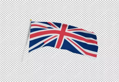 Waving Union Jack Flag of Great Britain on Flagpole Against White Background image