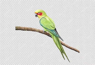 Vibrant Green Parrot Perching on Branch with Red Face Markings image