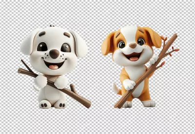 Adorable 3D Cartoon Puppies Playing with Sticks - High-Quality PNG Download for Design Projects image
