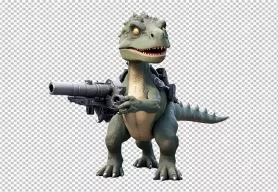 Adorable Green Dinosaur Character Wielding a Large Futuristic Blaster Cannon image