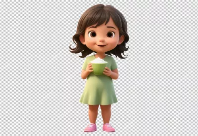 Happy 3D Character Girl Enjoying a Sweet Treat on White Background image