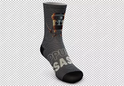 Humorous Coffee Cup Ninja Assassin Graphic on Patterned Gray Sock image