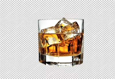 Refreshing Golden Brown Whiskey with Ice Cubes in Glass PNG Image image