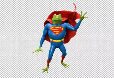 Dynamic Superhero Frog in Classic Blue Suit with Red Cape and Iconic Emblem image