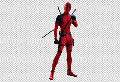 Iconic Deadpool Character in Red and Black Suit with Katanas, Dynamic Action Pose image