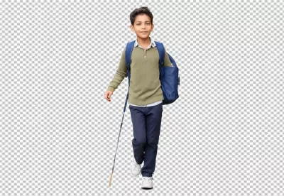 Smiling Young Student with Visual Impairment and Backpack Walking with White Cane image