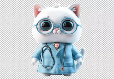 A cute 3D cartoon cat doctor character wearing blue glasses and a stethoscope image