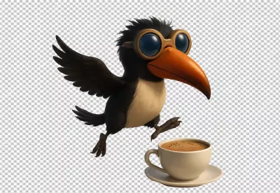Whimsical Cartoon Bird in Aviator Goggles Hovering Over a Coffee Cup image