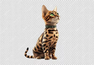 Adorable Bengal Cat Sitting with Green Eyes and Patterned Collar image