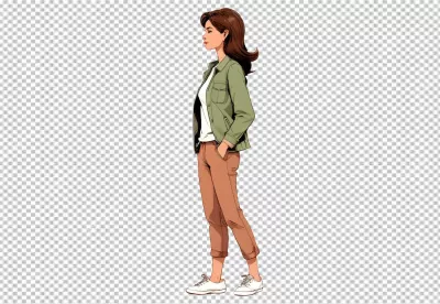 Stylish Young Woman in Casual Green Jacket and Brown Pants Illustration image