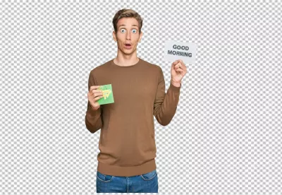 Blonde Man with Wide Eyes Holding 'Good Morning' Card and Green Note image