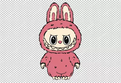 Illustrated pink bunny-eared monster with a wide, mischievous toothy grin image