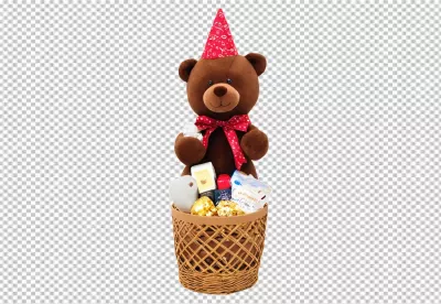 Adorable Brown Teddy Bear with Red Party Hat in Woven Gift Basket image