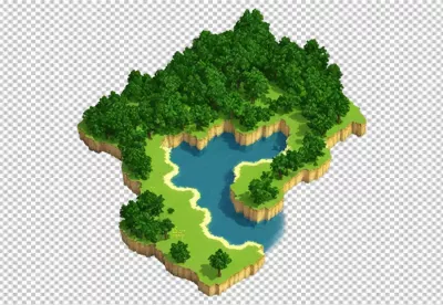 Lush Green Isometric Island with Winding River and Sandy Banks, Isolated Digital Art image