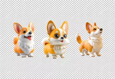 Adorable 3D Cartoon Corgi Dogs with Happy Expressions Digital Art image