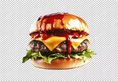 Juicy Cheeseburger with Melting Cheese and Dripping Ketchup PNG image