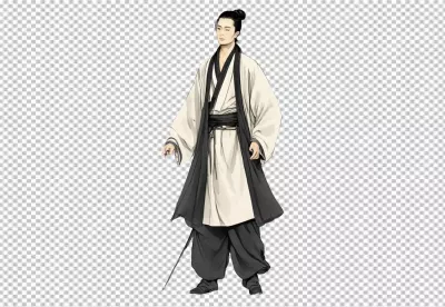 Elegant East Asian Man in Traditional White and Black Robe with Sword image