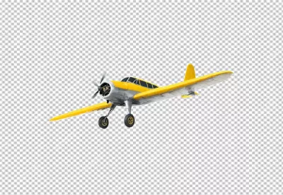 Classic Yellow and Silver Propeller Airplane in Mid-Flight Isolated on White Background image