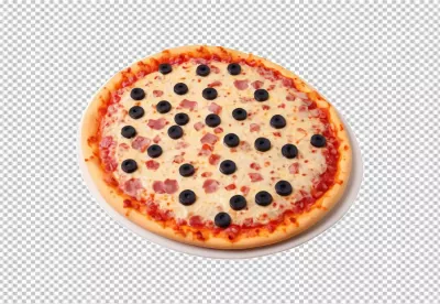 Delicious Italian Pizza with Savory Ham, Melted Cheese, and Sliced Black Olives image