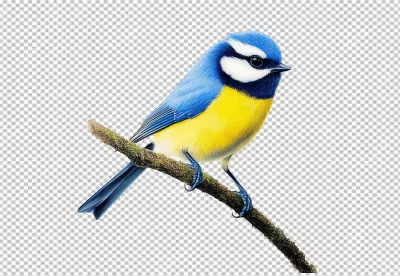 Vibrant Blue and Yellow Tit Bird Perching on a Natural Branch PNG Cutout image