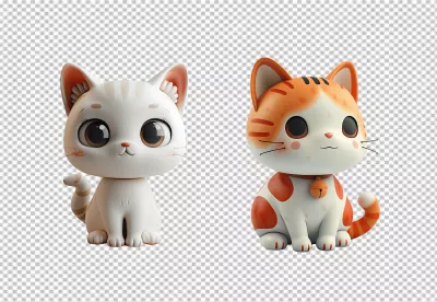Adorable 3D Cartoon Cats: White and Orange Kittens Sitting Cutout image