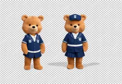 Two adorable teddy bears wearing blue formal uniforms, one with a cap, on white background image