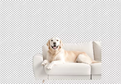 Happy Golden Retriever Dog Resting on White Sofa Cutout image