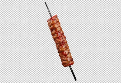 Delicious Grilled Meat Skewer with Savory Red Sauce on White Background image