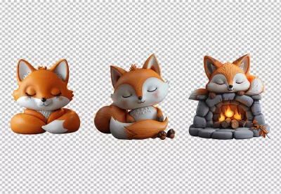 Adorable Cartoon Foxes Sleeping Peacefully in Cozy Winter Scene PNG image