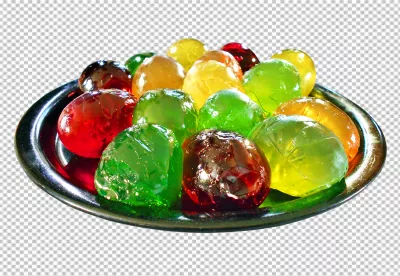Glossy Colorful Fruit Jelly Candies on Metallic Plate with Striking Black Background image