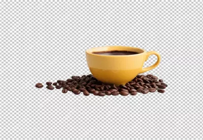 Golden ceramic mug filled with dark coffee among aromatic roasted beans image