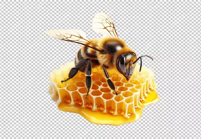Detailed Honey Bee on Golden Honeycomb PNG for Sweet Designs image
