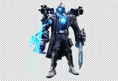 Cybernetic Enforcer Robot in Trench Coat with Glowing Blue Energy Shield and Blade image