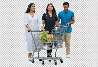 Young adults joyfully pushing a shopping cart filled with healthy groceries at the supermarket image