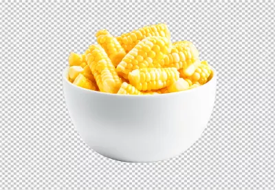 Fresh Cut Sweet Corn Cobs and Kernels in White Bowl PNG for Healthy Recipes image