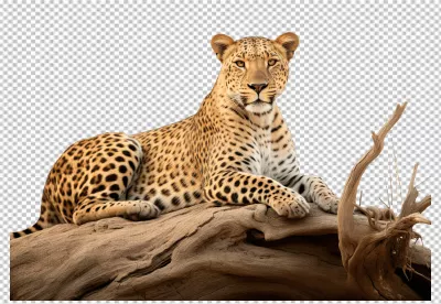 Majestic Leopard Lying on Tree Trunk PNG Cutout for Wildlife Designs image
