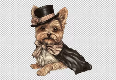 Elegant Yorkshire Terrier Dog in Black Top Hat and Bow Tie Illustration PNG image