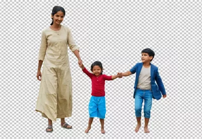 Joyful Indian Mother and Children Walking Hand-in-Hand on White Background image