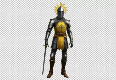 Valiant medieval knight in full shining armor holding sword with radiant crest image
