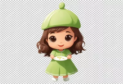 Adorable Chibi Girl in Green Dress and Beret Holding a Small Snack Plate image
