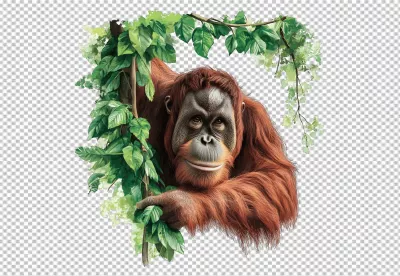 Majestic Orangutan Portrait Holding Branch in Lush Tropical Foliage PNG image