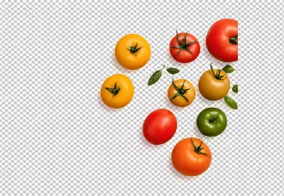 Vibrant Assortment of Fresh Ripe Tomatoes with Green Leaves on White Background image