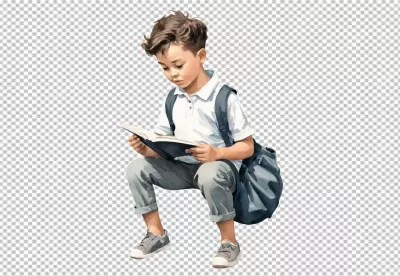Focused Young Schoolboy Engaged in Reading Book with Backpack, Student Learning image