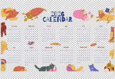 Whimsical 2026 Yearly Calendar Design with Playful Illustrated Pets and Colorful Doodles image