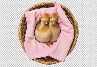 Adorable Fluffy Yellow Ducklings Nestled in Wicker Basket with Pink Blanket image