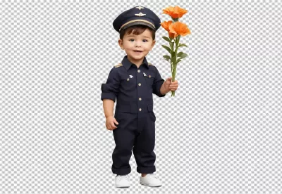 Cute Toddler Boy Smiling in Pilot Uniform, Holding Vibrant Orange Flowers image