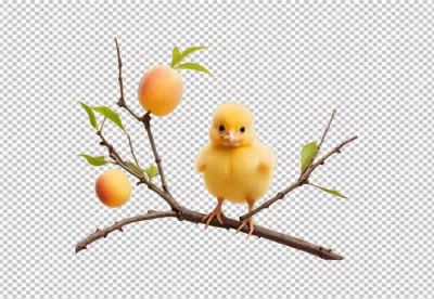 Adorable Yellow Chick Perched on Apricot Tree Branch with Fresh Fruit image