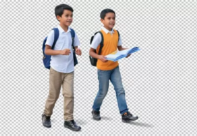 Two cheerful young Asian schoolboys walking happily with backpacks and books to class image