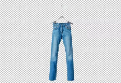 Classic Blue Denim Jeans Hanging on Hanger Against White Background image