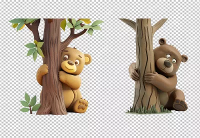 Adorable Cartoon Bears Playfully Peeking from Behind Trees PNG Cutout image